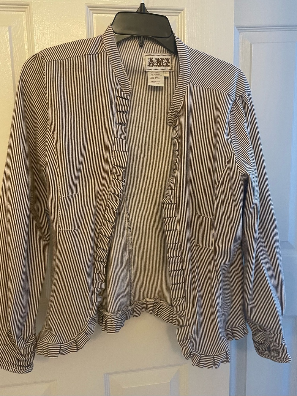 AMX light jacket , cotton brown striped Sz L. Ruffle trim